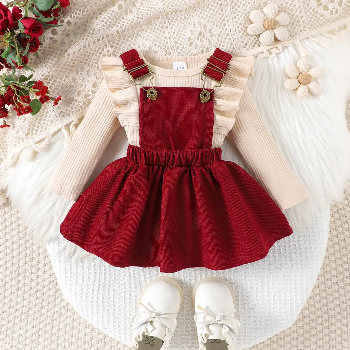 Girls' Wear Ribbed Texture 2-Piece Set, Sweet Long Sleeve Top & Suspender Skirt Bodysuit, New Style for Baby Girls, Two-Pieces
