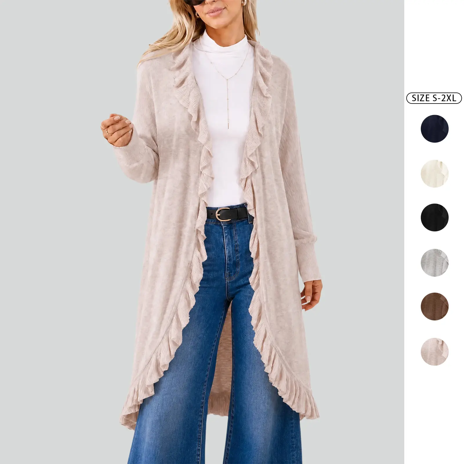 Imily Bela Women Ruffle Trim Long Open Front Duster Sweater Long Sleeve Casual Lightweight Layering Outerwear