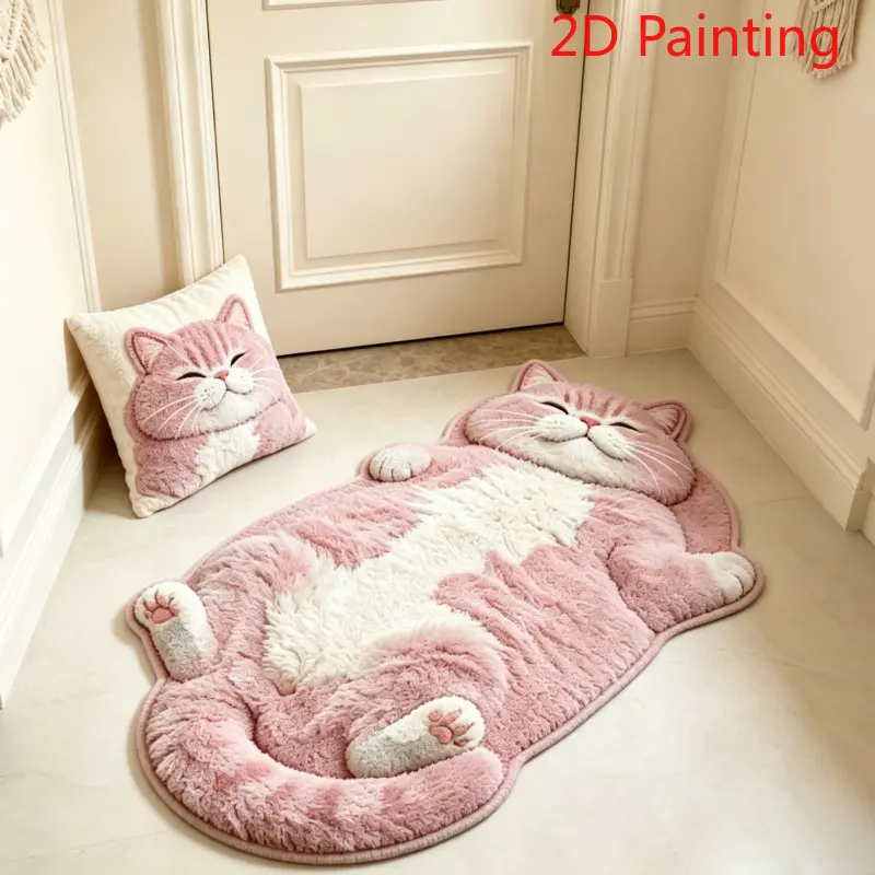 [2D Flat] Soft Cute Pink and White Cat Plush Irregular-Shaped Thickened Rug, Cozy Decorative Rug, by the Bedroom Bed, for Living Room Sofa Area, Balcony and Entrance Decoration