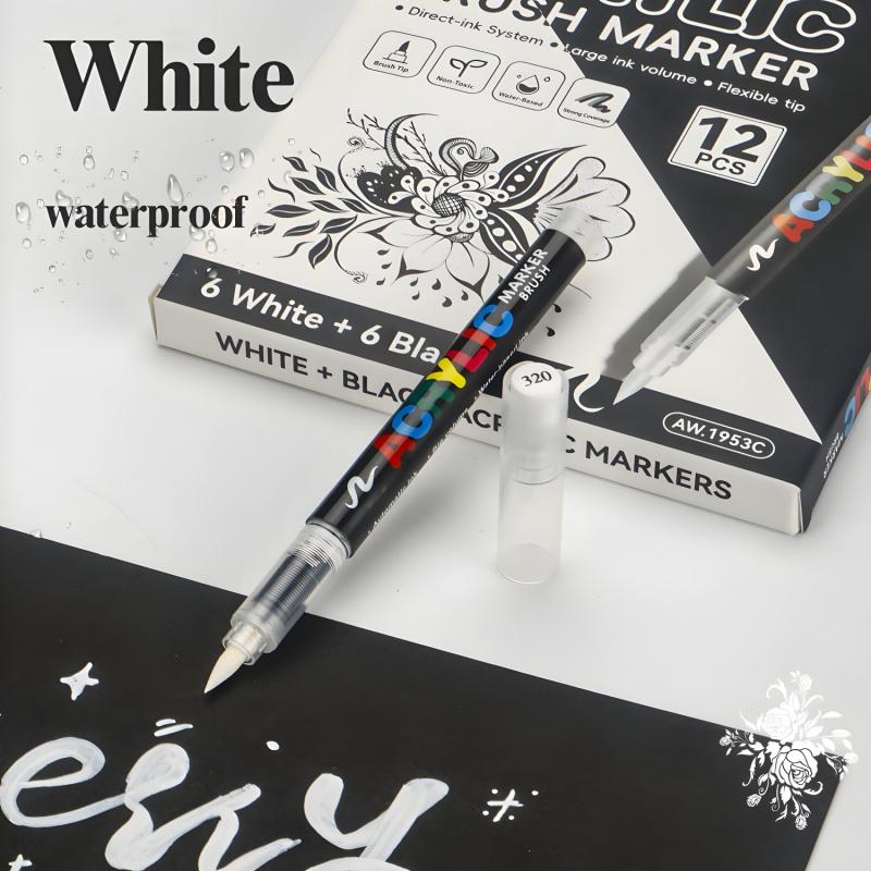Acrylic Paint Markers, 12Pack Soft Brush Tip Acrylic Paint Pens, Professional Color System,Quick-Drying Waterproof Ink, for Rock Painting Plastic Wood Canvas Glass Ceramic Metal Art Drawing Supplies Art Crafts Supplies Christmas Gift