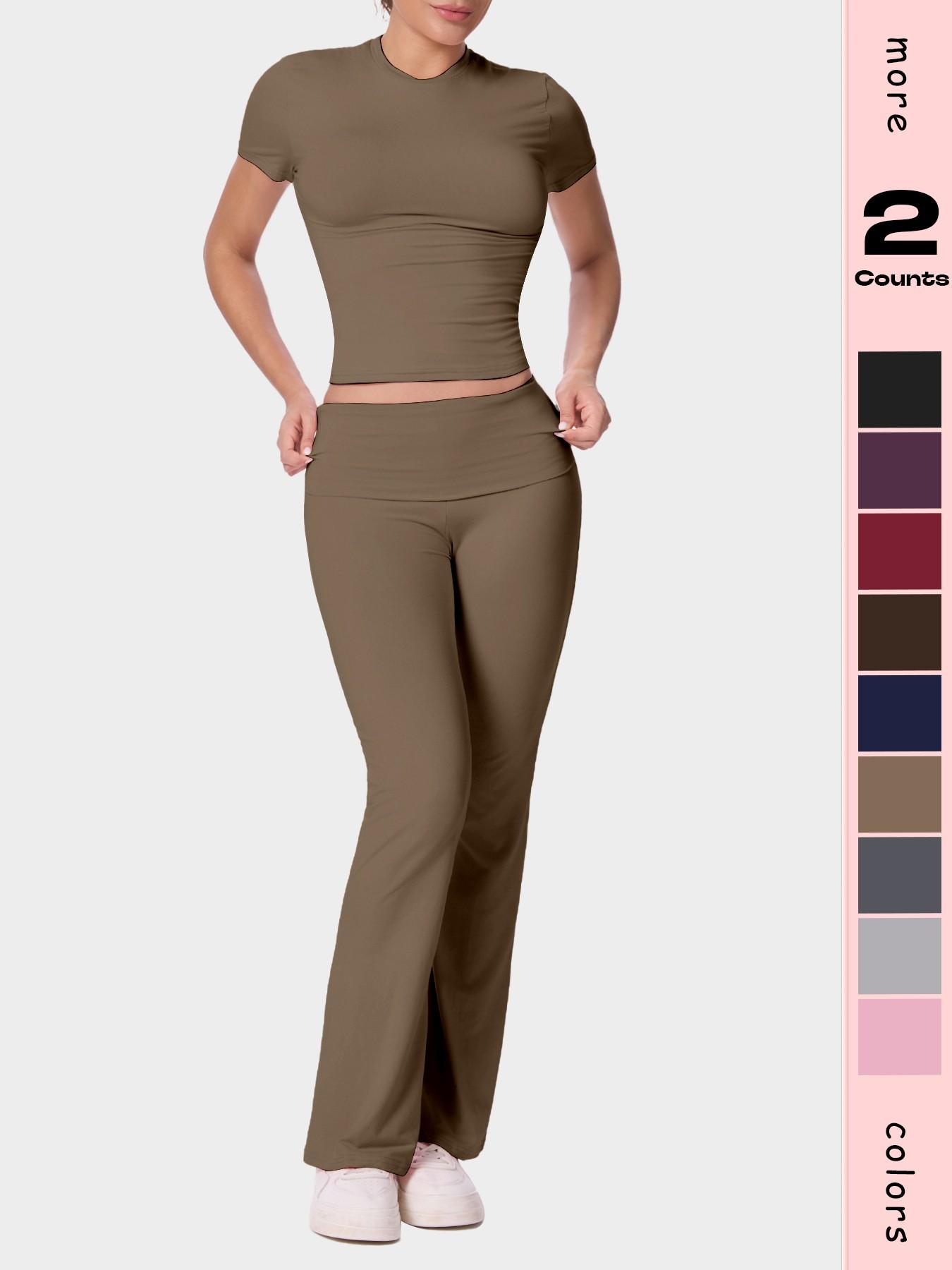 Women's Solid Color Short Sleeve Top & Flare Leg Pants Loungewear, Casual Comfy Two-piece Lounge Set, Ladies Loungewear for All Seasons, Pajama Set