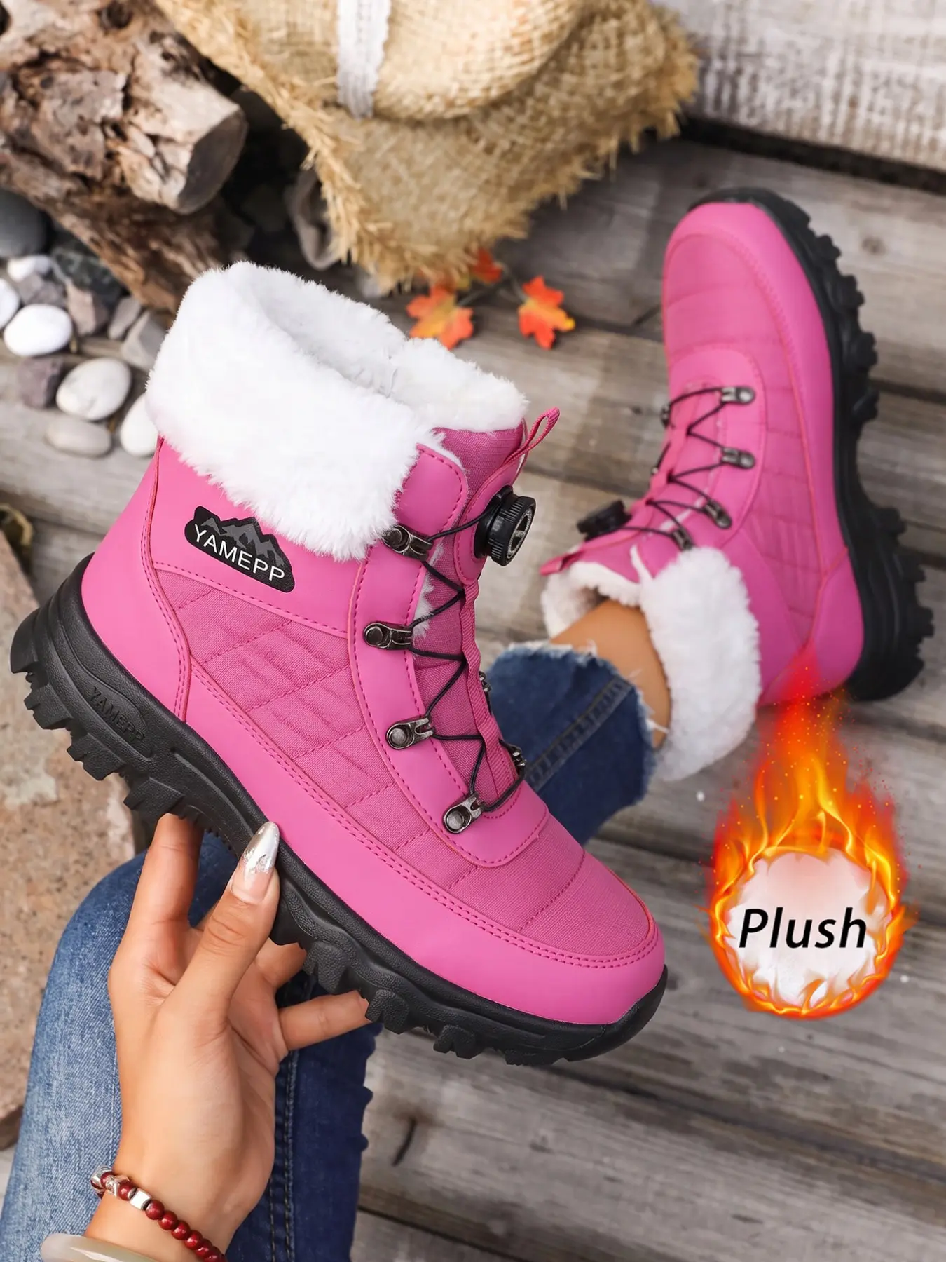 Women's Thick Plush Lined Snow Boots, Button Quick Lace High Top Boots, Outdoor Anti-Slip Thick Sole Warm Winter Boots, Snow Winter Footwear