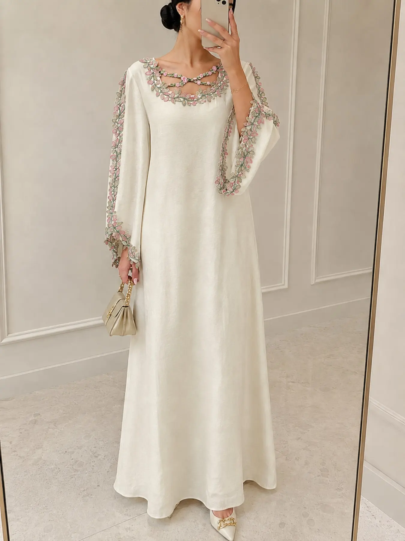 Elegant Off- Loose Fit Long Dress, Long Sleeves, Round Neck Hollow Out Design, Floral Embroidery, Perfect for Evening Events, Formal Occasions