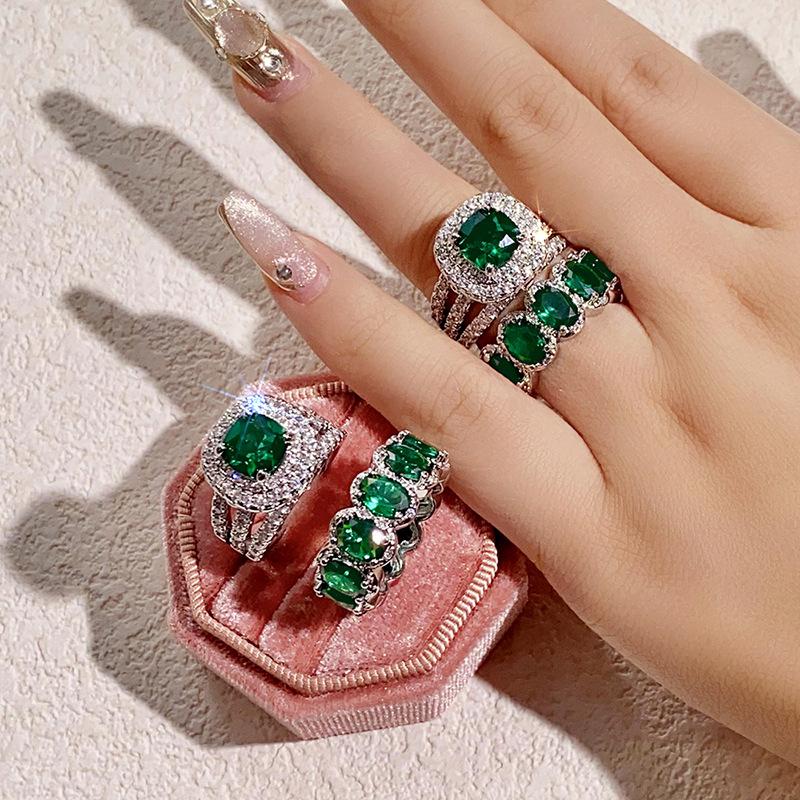 Luxury Emerald Ring Set | Square Geometric Oval Full Eternity Band | High-End Fashion Jewelry