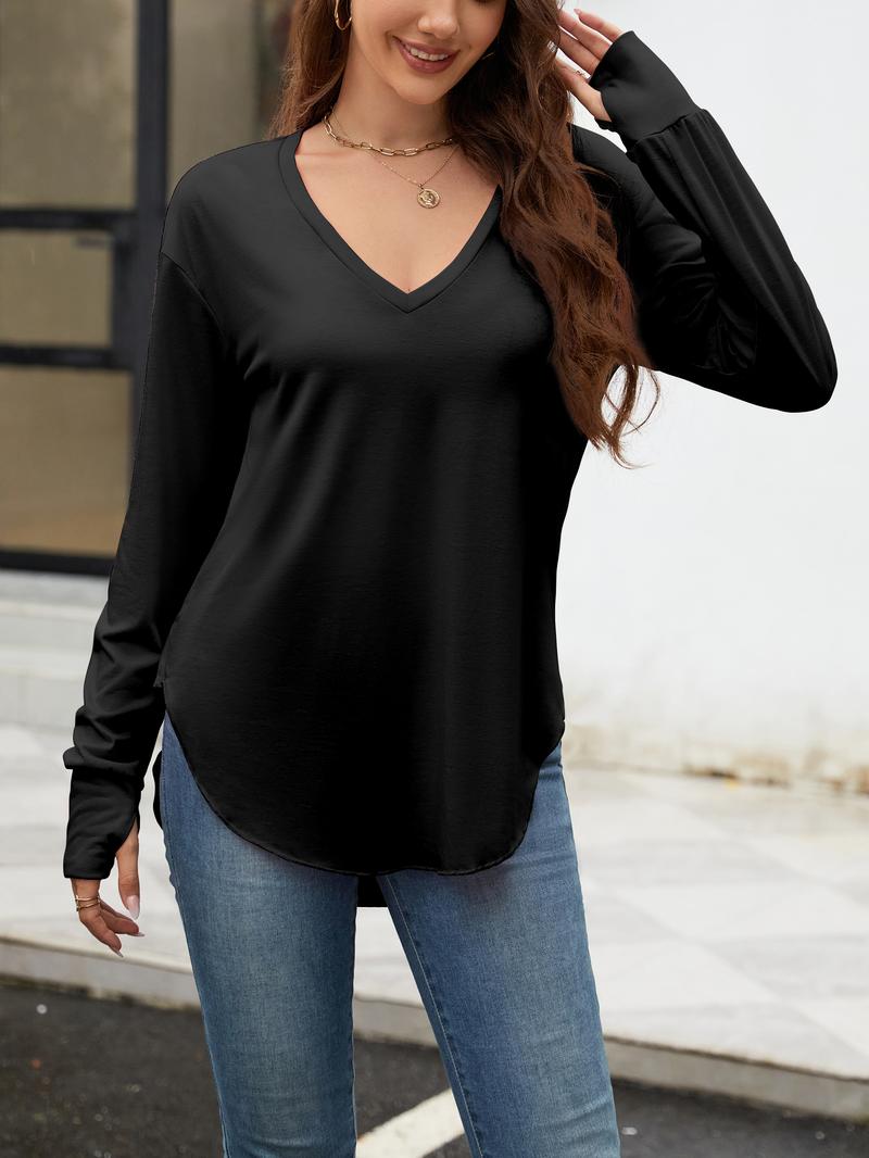 Renaishow Womens Deep V Neck Tunic Tops Long Sleeve Oversized Casual Loose Fit Curved Hem T Shirts with Thumb Holes Blouses Light Breathable Solid