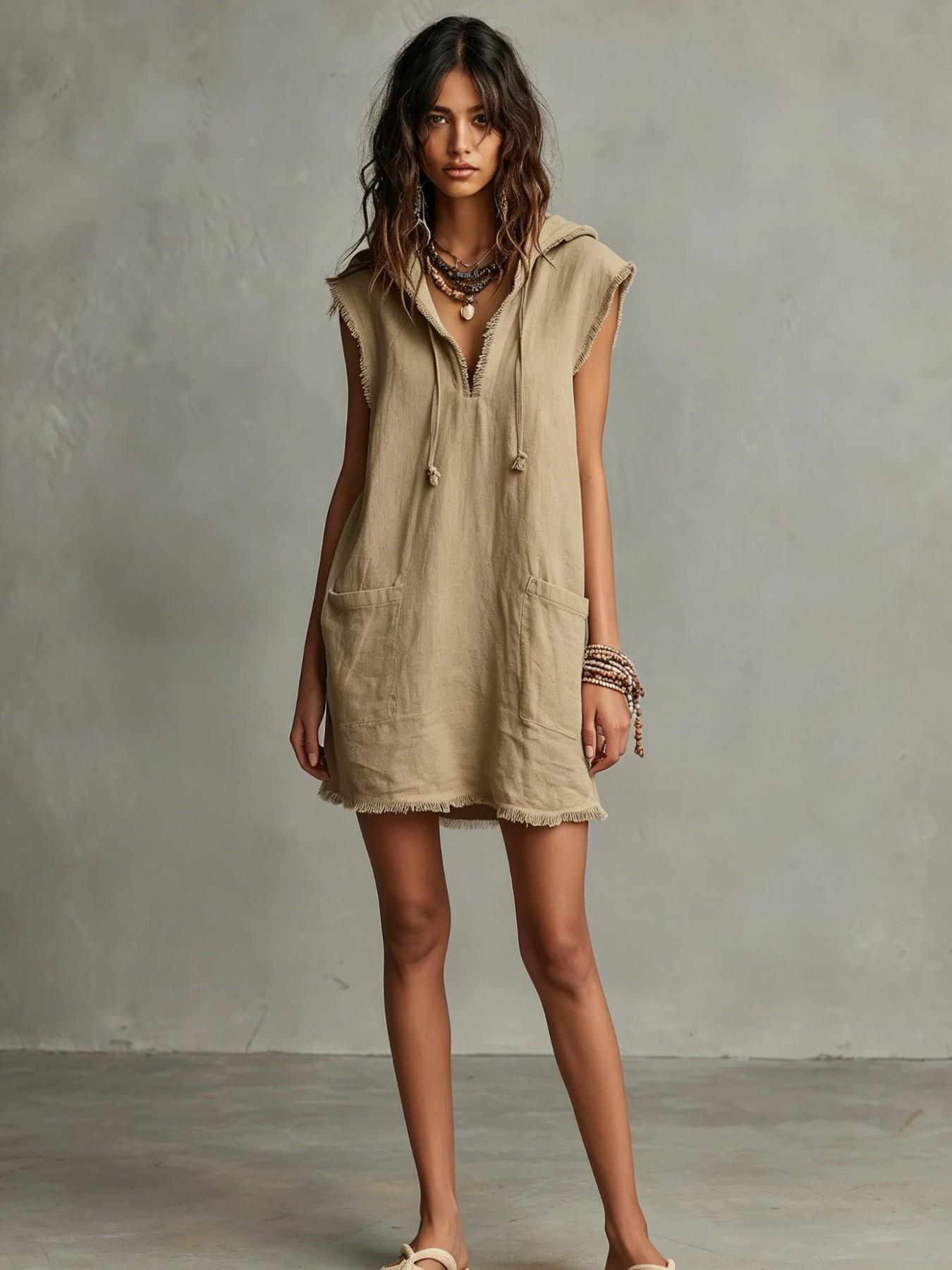 Minimalist Lightweight Linen Blend Sleeveless Dress with Hat, Summer V-Neck Frayed Edge Short Mini Dress, Women's Vacation