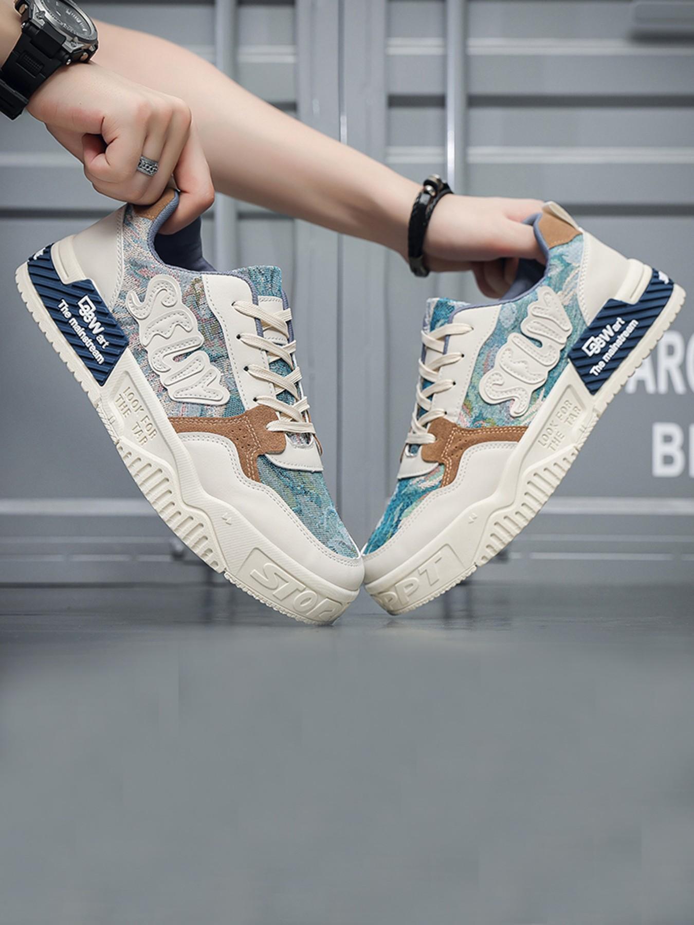 Men's Casual Sports Shoes, Spring Summer New Arrival, Size 39-44, Mint Oil Painting Style, Soft Sole Breathable Trendy Board Shoes