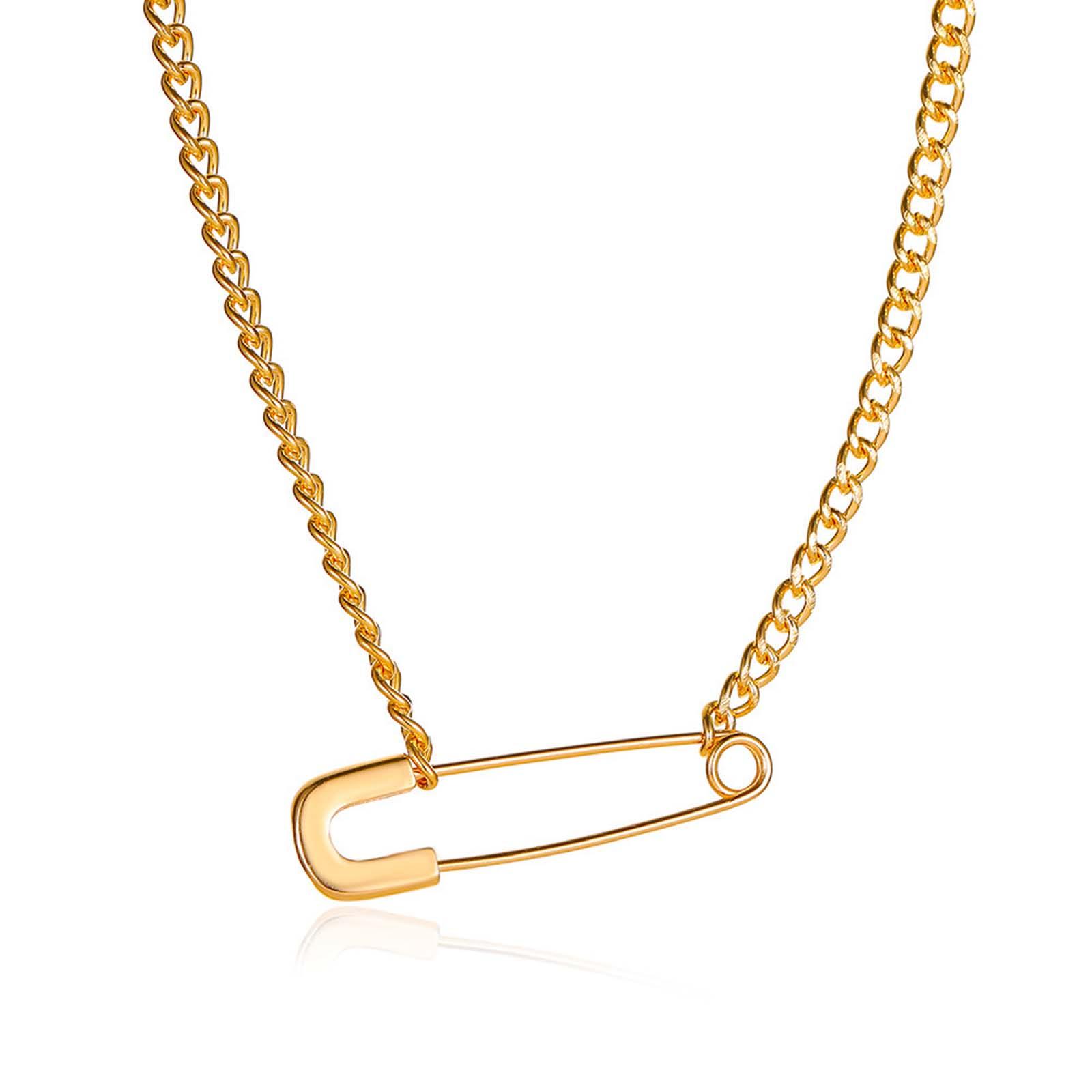Unisex Paper Clip Shape Artificial Gemstone Alloy Safety Pin Necklace - Modern Edgy Casual Style, 46cm/18.1in Metal Coating Versatile Daily Chain, Women's Adult Jewelry, Couple Birthday Gift