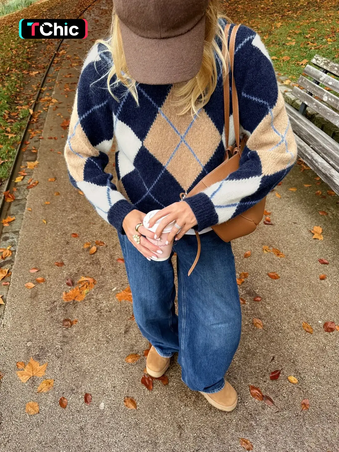 Women's Round Neck Contrast Vintage Argyle Long Sleeve Fall Winter Loose Simple Casual Fashion Versatile Knit Pullover Knitwear – Soft Cozy Winter Vibes Vintage Street Wear
