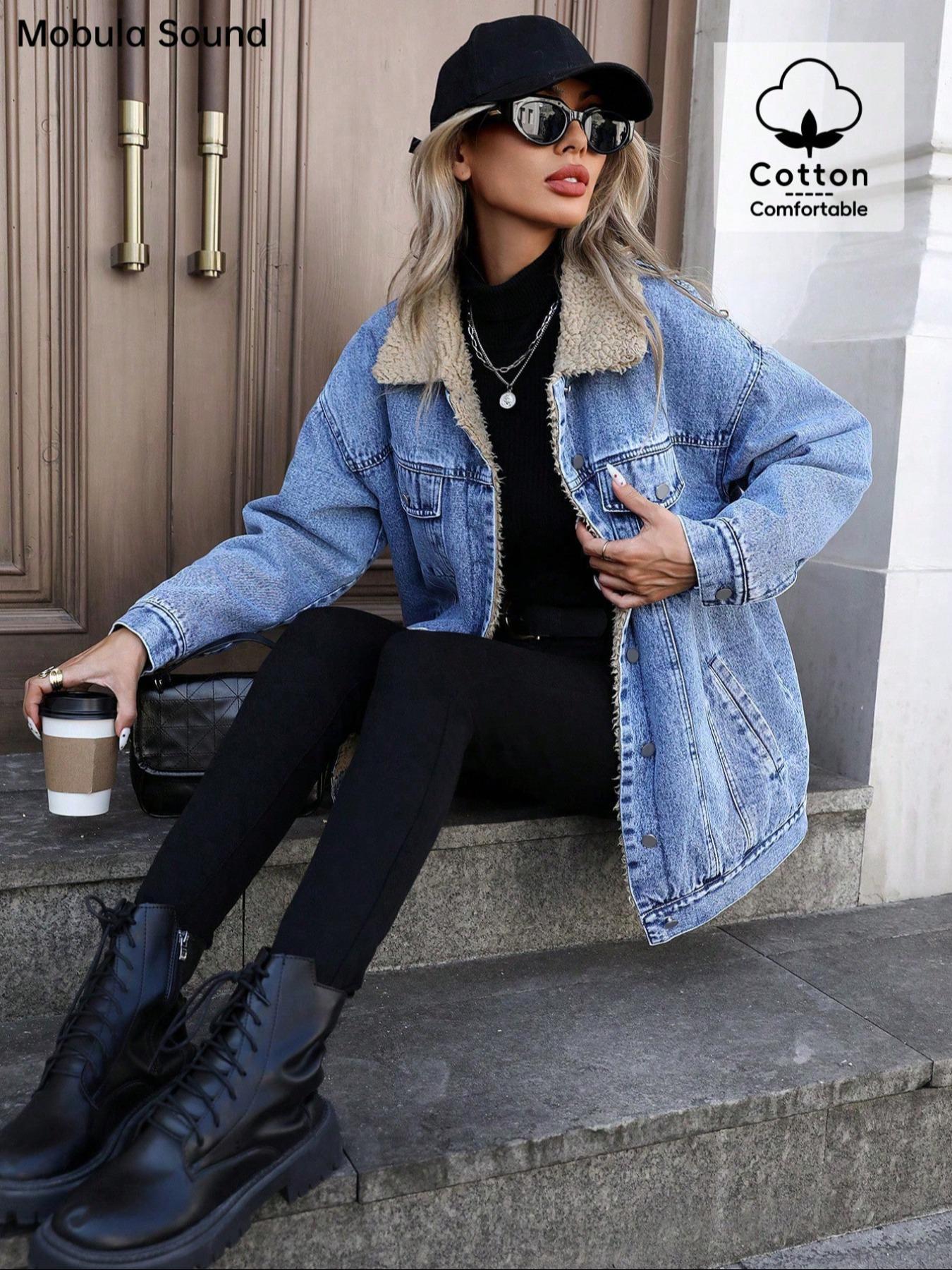 Women's New Fleece Lined Denim Jacket, Trendy Fashion Washed Jean Coat, Casual Comfortable Fit, Zipper Fly, Fall & Winter Wear, Zip Front Jacket