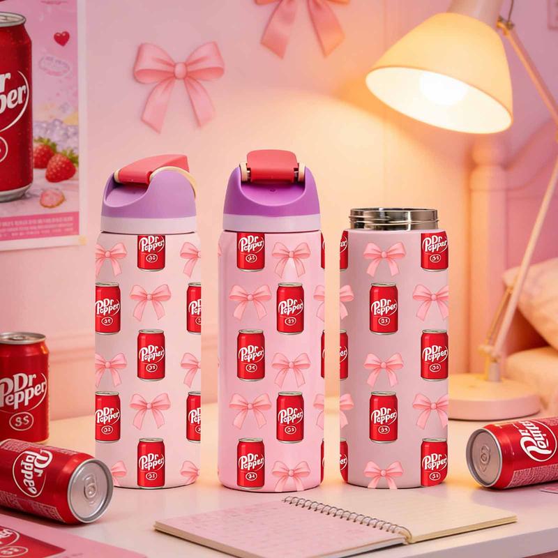 AuraCup 1pc 19/24/32oz Insulated Tumbler with Lid and Straw, Cute Dr Pepper Can and Pink Bow Pattern, Double Wall Leakproof Stainless Steel Water Bottle for Hot & Cold Drinks, TikTok Trending Aesthetic Cup, Perfect Gift for Girls, Teens, Friends, Daughter