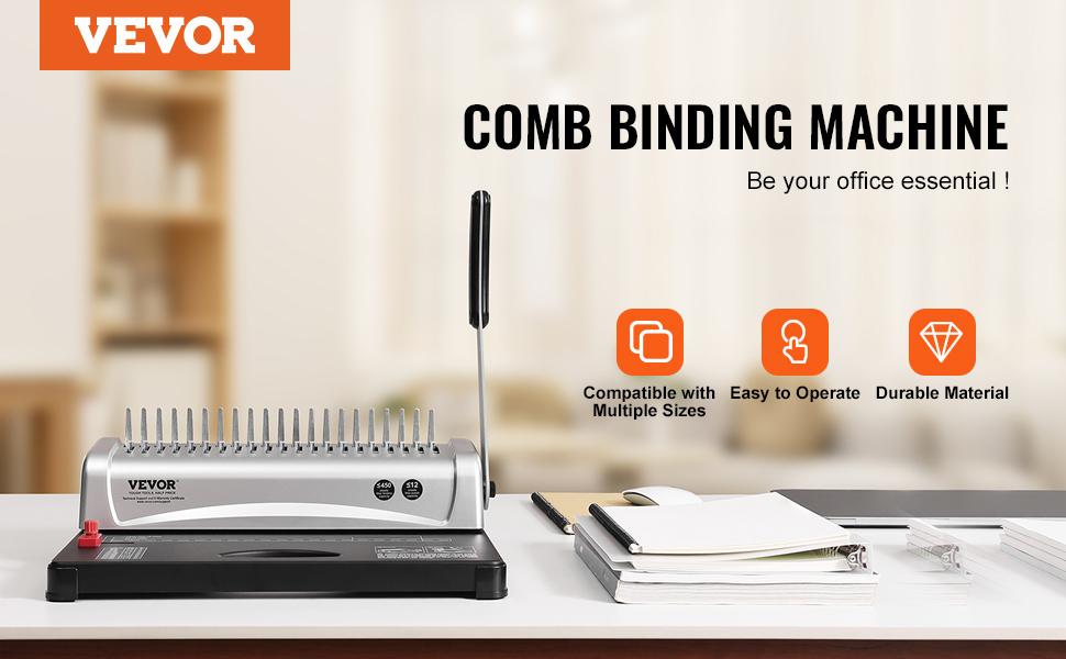 VEVOR Binding Machine, Comb Binding Machine 21-Holes Binding 450 Sheets, Book Binder Machine with 100 PCS 3/8'' Comb Binding Spines, for Letter Size, A4, A5