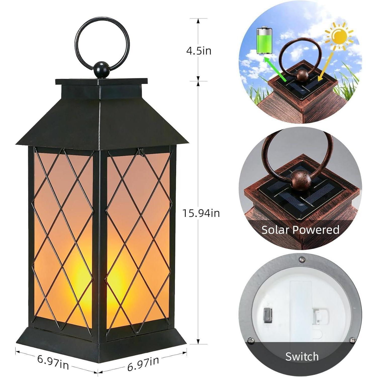 18" Solar Lanterns Outdoor , Glass Solar Flickering Flame Lantern Large  Solar Lantern Metal Decorative for Patio Garden Backyard Outside Tabletop Mothers Day Gifts Mom