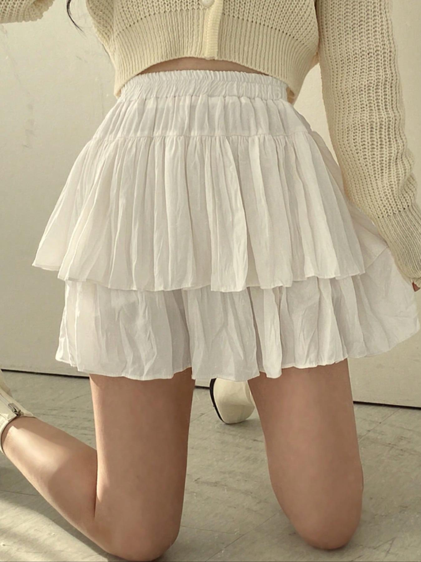 French ballet-style white puffy tiered skirt for women - summer short ruffled mini skirt, high-waisted, slimming A-line half skirt