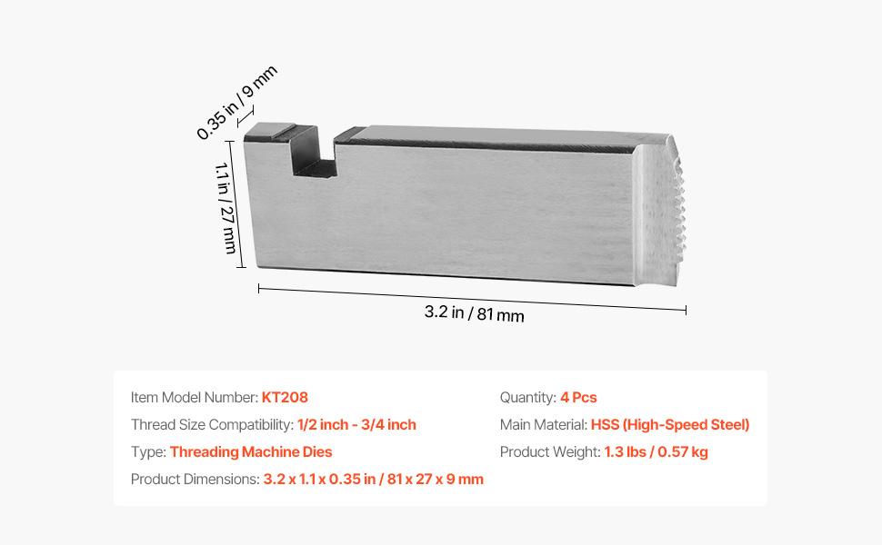VEVOR Threading Machine Dies, 1/2-3/4 NPT Pipe Dies(4 Packs), Right-Handed HSS Pipe Threading Dies, Fit VEVOR Split-Type Machines, RIDGID Universal Die Heads 504A, 711, 713, 811A, 815A, 816, 817, 842