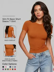 Women's Slim-Fit High Stretch Plain Short Sleeve Top, Moisture-Wicking Sport T-Shirt, Casual Daily Wear, Comfortable Home &