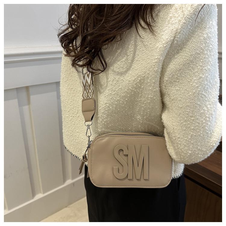 Stylish Versatile Women Single Shoulder Bag, SM Letter Pu Leather Small Square Bag, Leisure Wide Shoulder Strap Cross Body Bags