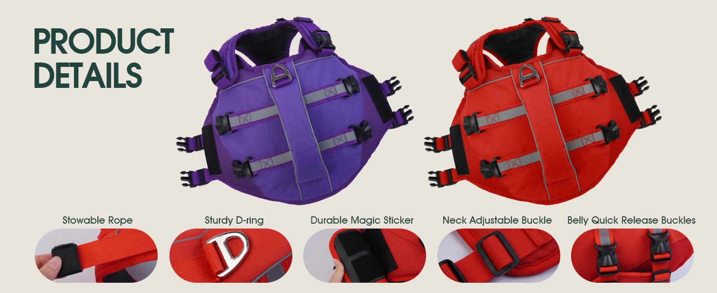 Kuoser Dog Life Jacket, High Flotation Dog Life Vest for Swimming Boating, Adjustable Ripstop Dog Lifesaver for Small Medium and Large Dogs, Reflective Safety Pet Life Preserver with Rescue Handle