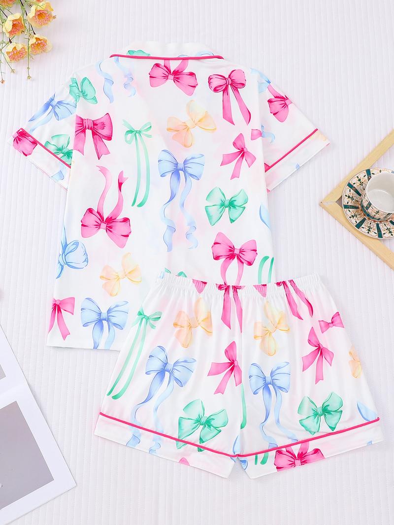 Women's All Over Print Pocket Crop Top & Shorts Pyjama Two-piece Set, Casual Comfy Short Sleeve Collared Top & Shorts PJ Set, Ladies Summer Sleepwear, Loungewear, Pajama Set