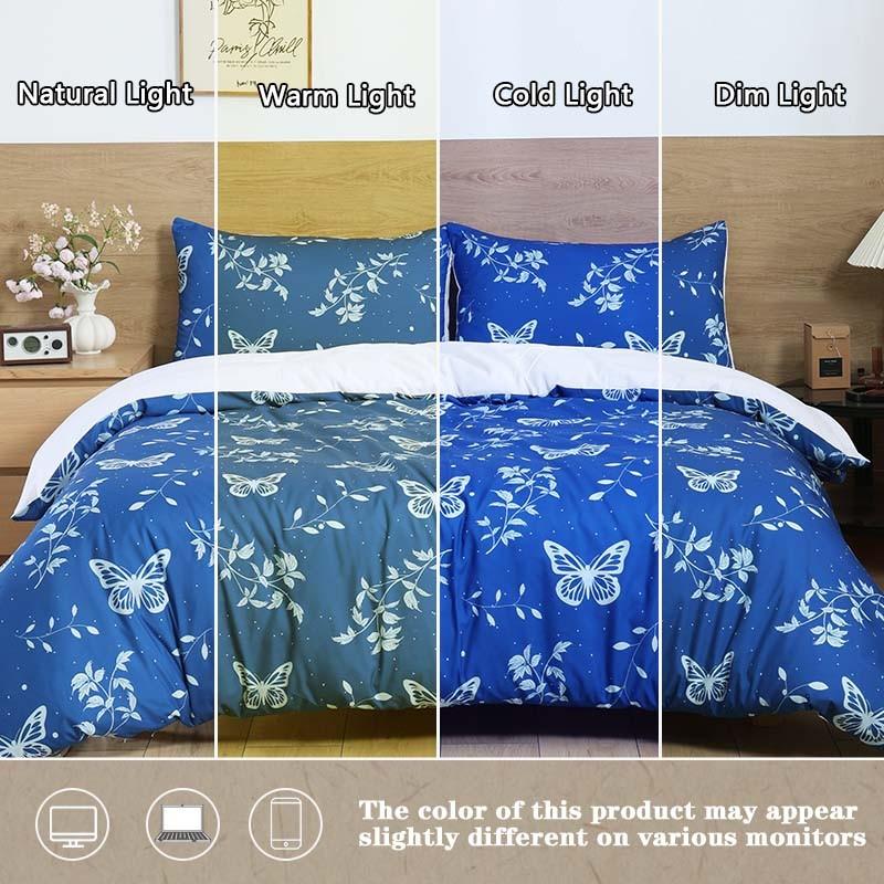 Blue Butterfly Print Bedding Duvet Cover Set, 3-Piece Set includes 1 duvet cover + 2 pillowcases, without inserts.Ultra soft and suitable for all seasons.The bedding is designed with a zipper closure, ideal for bedroom and guest room decoration.