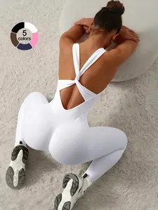 Women's Seamless Jumpsuit with Removable Padding, Cross-Back Design, Slimming Ribbed Fabric, Perfect for Gym and Outdoor Sports