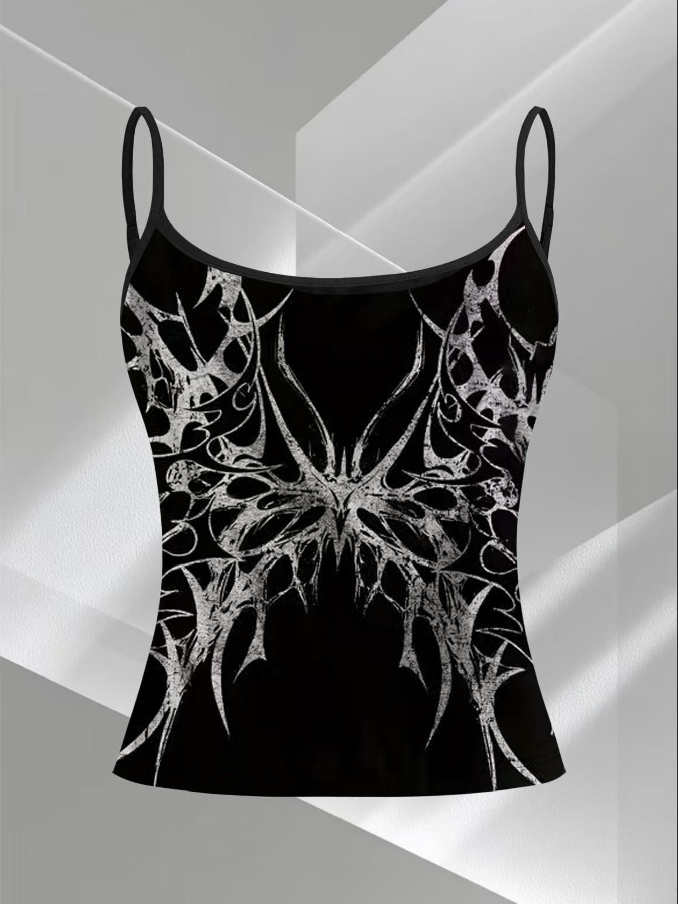 Dark Thorn Totem Print Strap Top, Subculture Y2K Cyber Atmosphere, Summer Slim-Fit Three-Piece Set, Casual Sleeveless Clothing