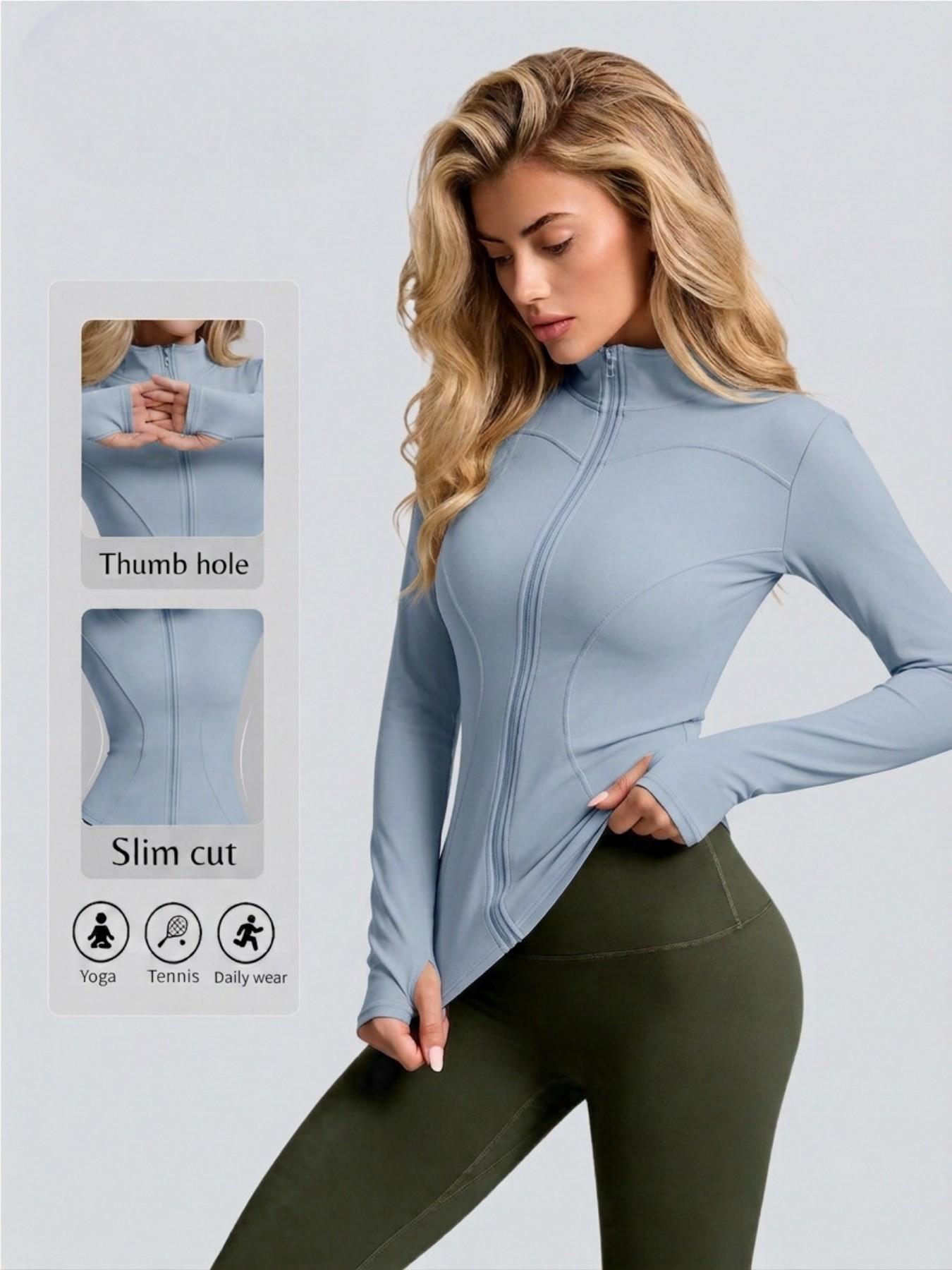 Women High Stretch Stand Collar Thumbhole Fitness Top, Breathable Running Slim Yoga Shirt, Long Sleeve Tight Workout Jacket, Workout Wear