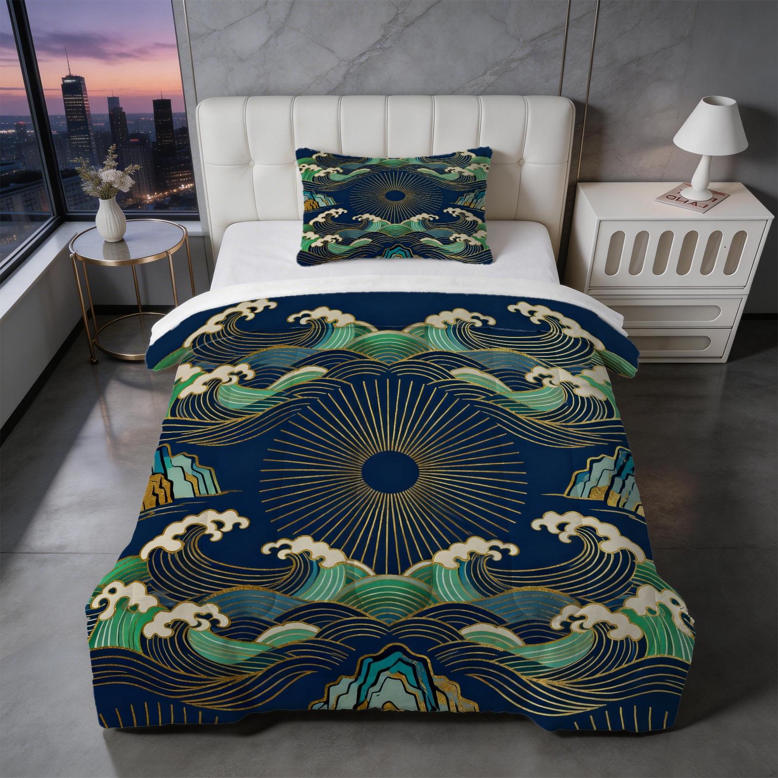 2/3 Piece Japanese Wave Sun Comforter Set | Gold Foil Great Wave HD Print Bedding Set | Soft Lightweight U-Quilted Quilt | For Bedroom Dorm (Pillows Not Included)
