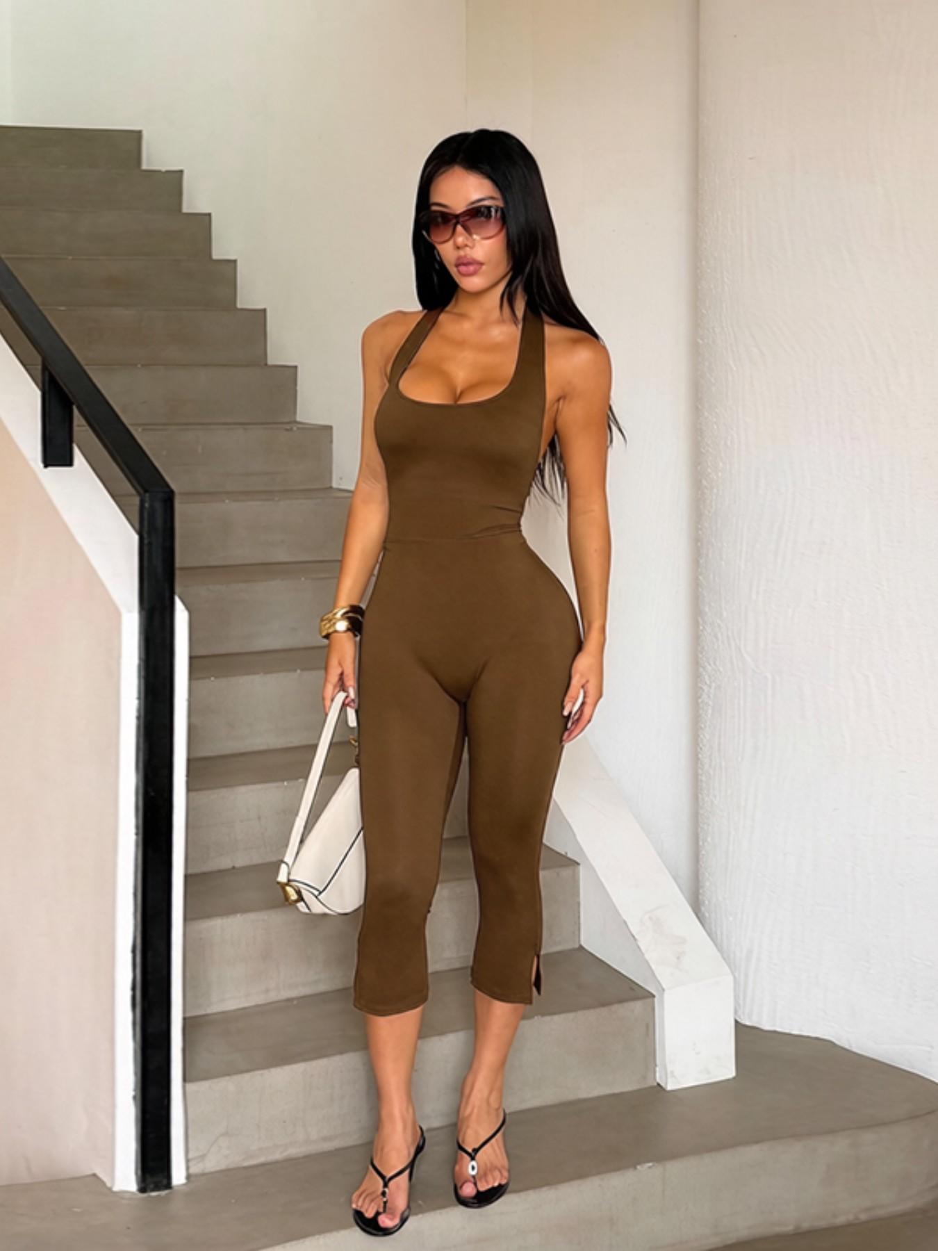 Women's Solid Color Jumpsuit, Casual Comfy Sleeveless Halter neck Skinny Fit Style Jumpsuit for Summer, Ladies' Clothes for Daily Wear Womenswear