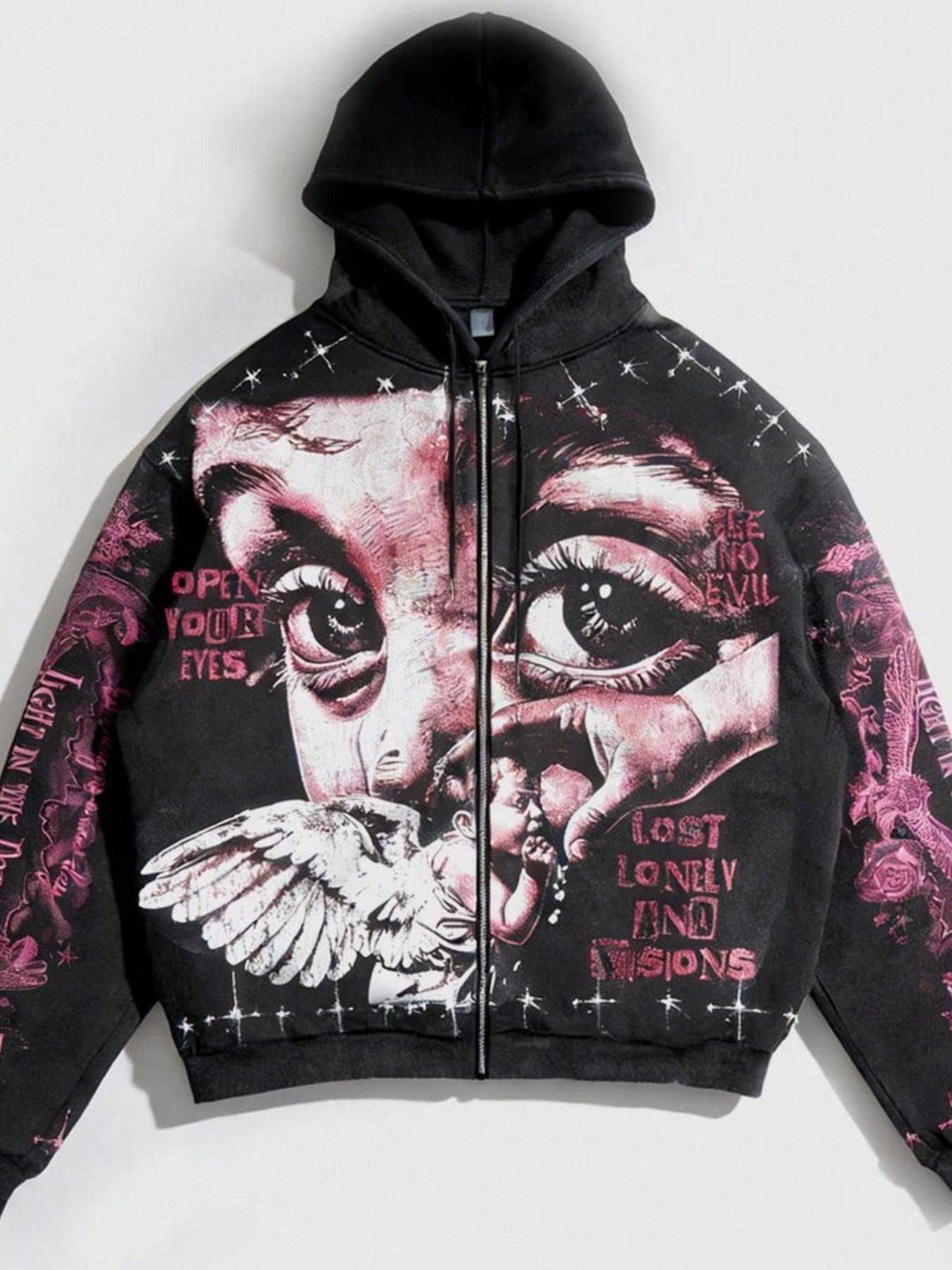 Men's Y2K Retro Streetwear Gothic Style Hoodie, Loose-Fit Short
