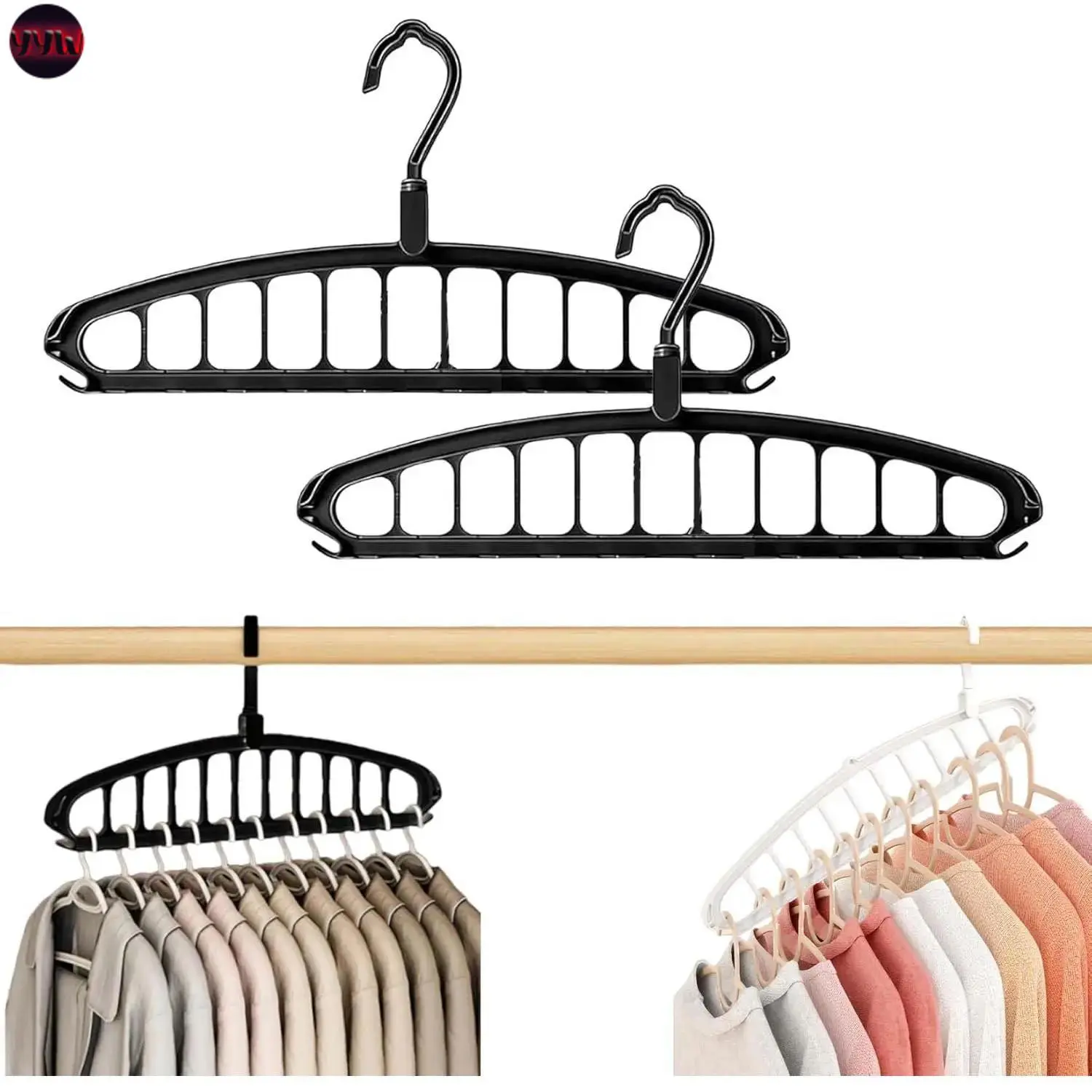 YYW1 11-Hole Multifunctional Folding Clothes Hanger, 2026 New Space Saving Hanger, 360 Degree Rotatable Hook Anti-Stackable Hanger Shirt Coat Pant, 2 Pieces Black