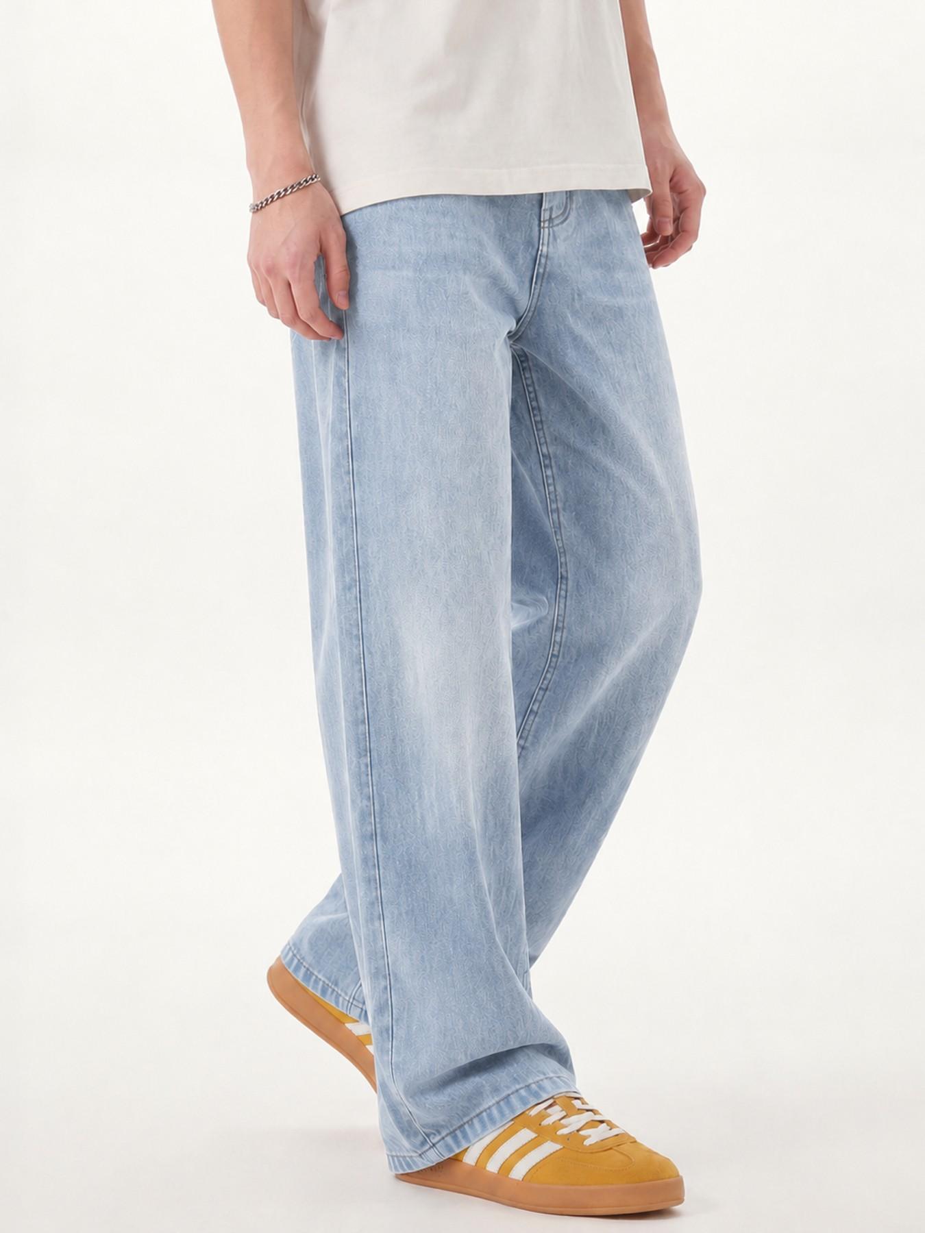Men’s Blue Washed Jacquard Baggy Jeans, Curved Panel Seams, Wide Leg Loose Fit, Y2K Streetwear Denim Jeans, All Seasons