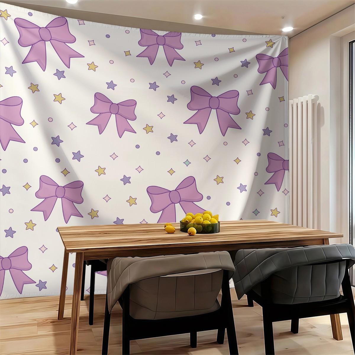 Purple Bow Tapestry, Cute Star Print Wall Hanging, Aesthetic Tapestries Wall Blanket, Coquette Room Decor Backdrop Decor, Soft Fabric Wall Art for Bedroom Living Room Dorm