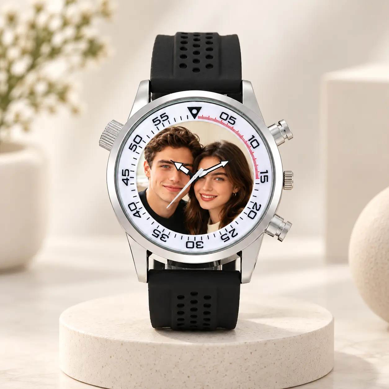Personalized Photo Watch Custom Couple Picture Sports Wristwatch with Black Silicone Strap, Anniversary Birthday Gift for Him Her