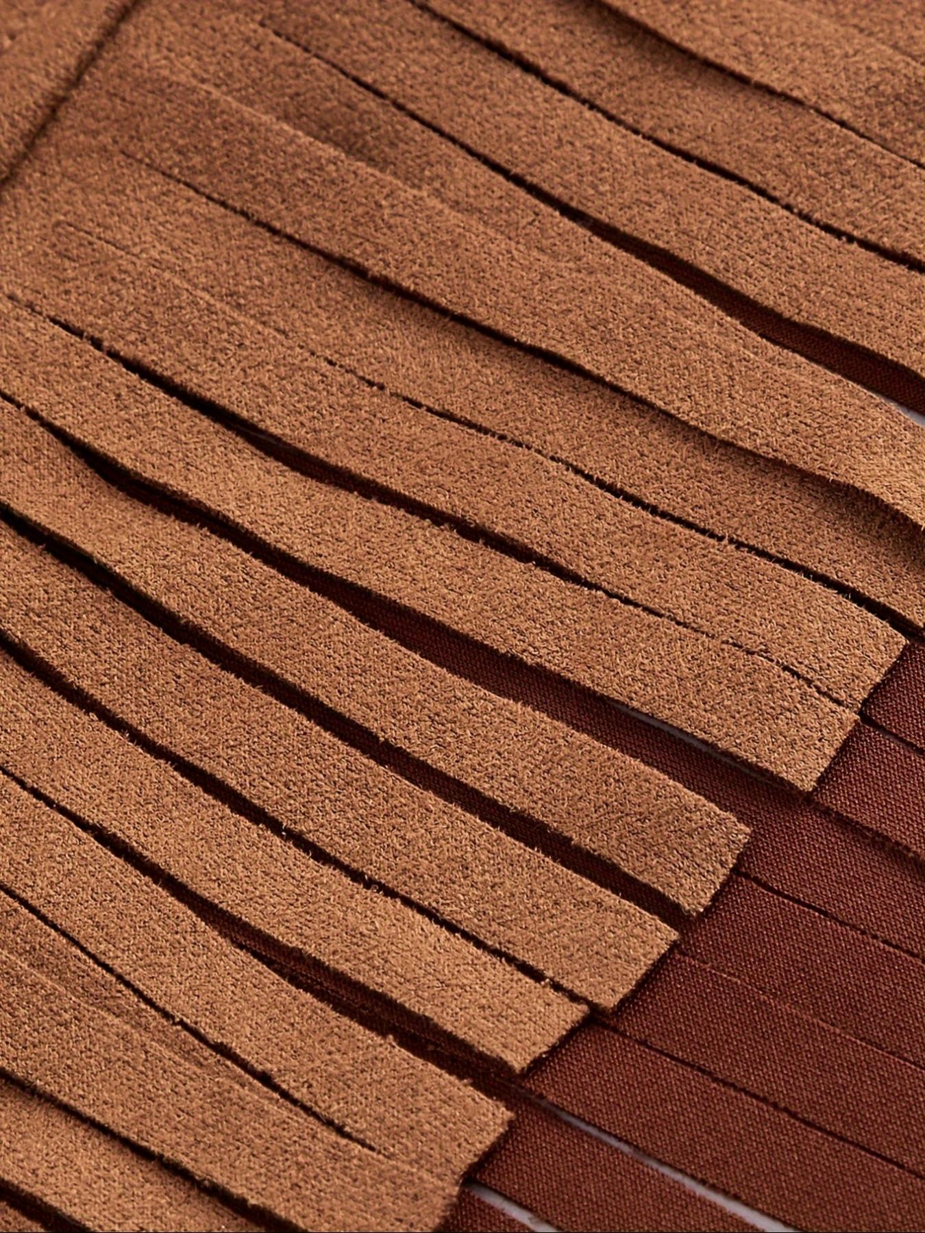 Women's Fringe Detail Denim Vest, Faux Suede Material, Button Front V Neck Sleeveless Top, Casual Spring & Fall Fashion, Casual Sleeveless Outerwear