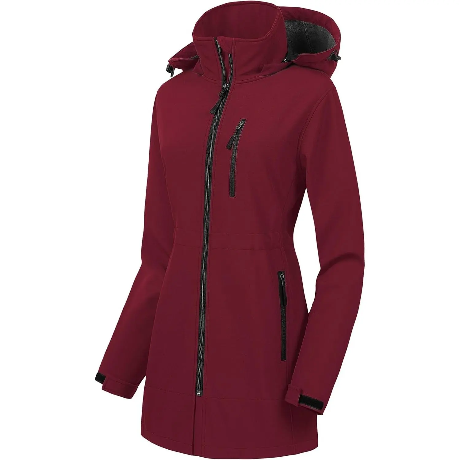 US Women's Casual Lightweight Waterproof Long Softshell Tactical Jacket - Fleece-Lined, Windbreaker, Drawstring, Comfortable, Reflective, With Pockets