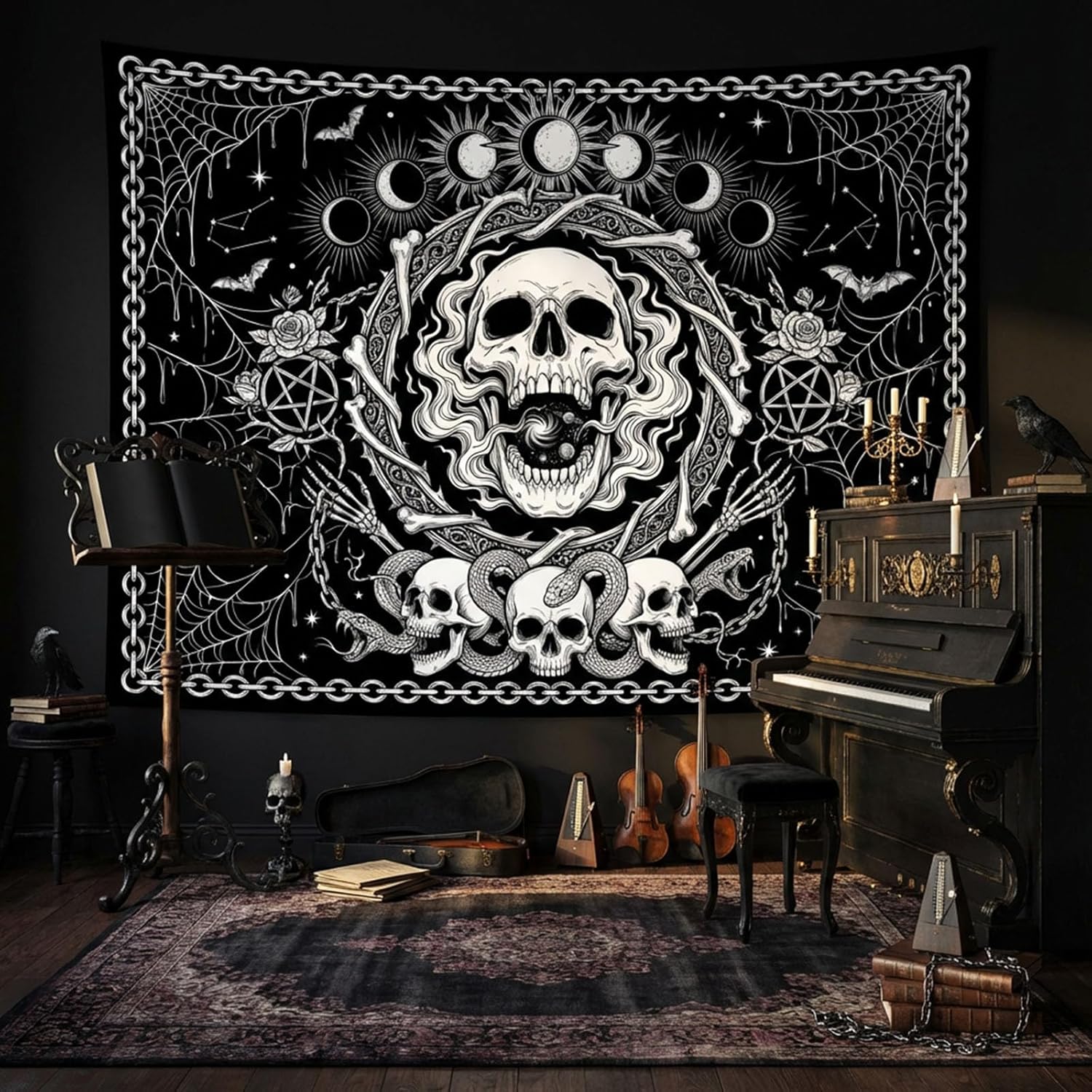 A Gothic mysterious skull tapestry, black and white moon snake wall tapestry, bedroom, dormitory, living room decoration