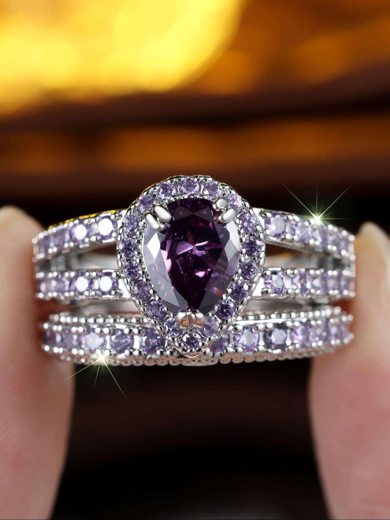 2-piece ring set, purple teardrop synthetic zircon inlay engagement ring, stackable rings for women, Artificial Gemstone Ring, exquisite birthday anniversary gift for her