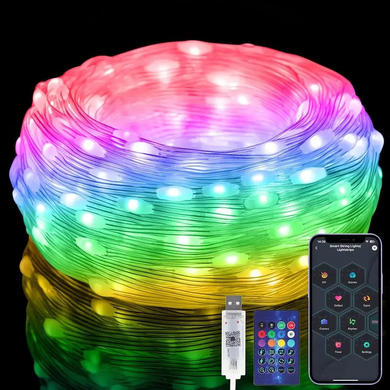 RGB Smart IC String Lights Indoor 16FT/5M, 50 LEDs Multicolor Fairy Lights| APP & Remote Control, Fairy Lights, USB Powered & IP65 Waterproof, Music/Voice Sync, Fairy String Lights for Christmas, Party