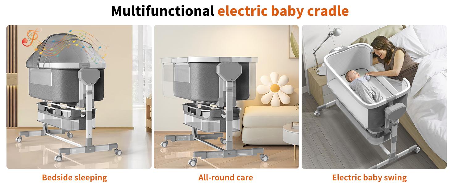 Rocking Bassinet for Baby, Electric Baby Bassinet Automatic 5 Rocking Motion Bassinet Bedside Sleeper for Newborn,  Auto Rolling Baby Cradle 6 Height Adjustable with 4 Lullabies