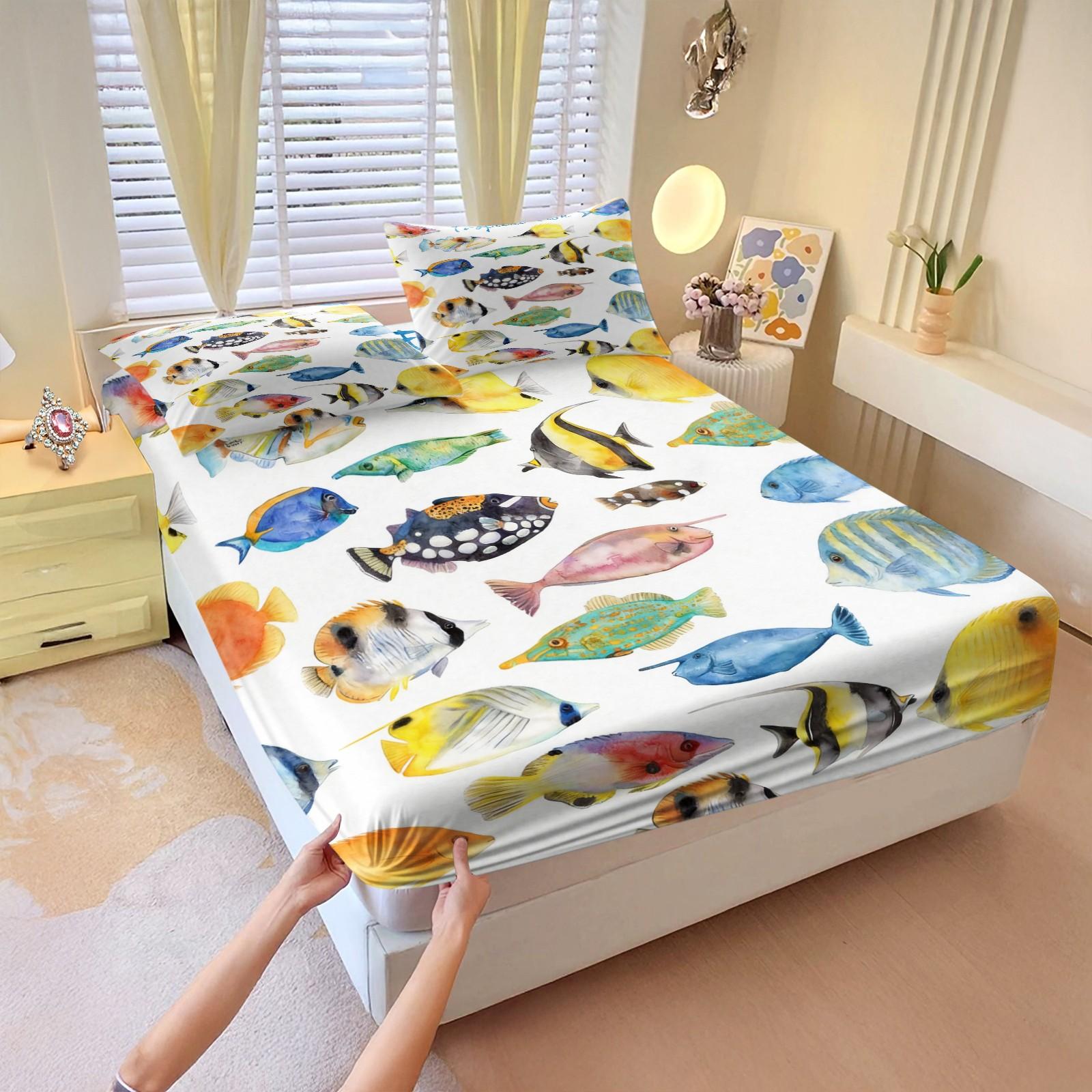 Watercolor Tropical Fish Bedding Set, Ocean Life Coral Fish Print Bed Sheets, Includes 2 Coreless Pillowcases, Breathable Durable Decorative Kit
