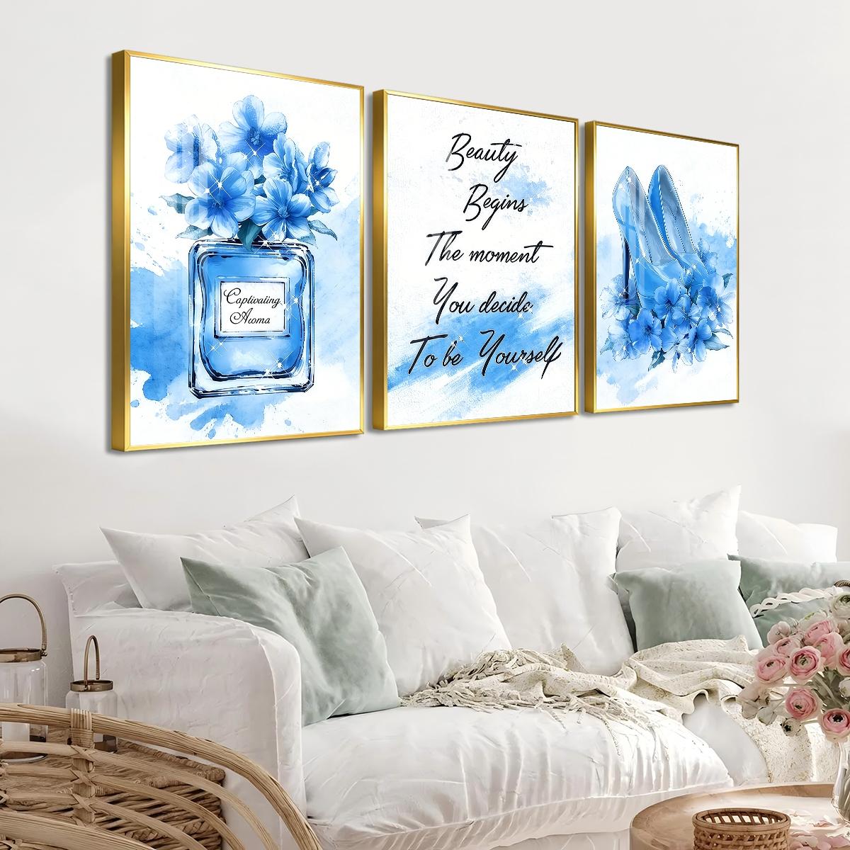 3 Counts Aluminum Alloy Framed Painting, Blue High Heels Perfume And Flowers Illustration, Home Decoration For Living Room, Bedroom, Office, Restaurant, Hallway Wall Decor, Odorless Print Artwork, Luxury Perfect Gift For Friends And Family