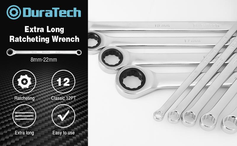 DURATECH Extra Long Ratcheting Wrench Set, Double Box End Wrench Set, Metric, 9-Count, 8,10,12,13,14,16,17,19,22 mm, CR-V Steel, with EVA Foam Tool Organizer