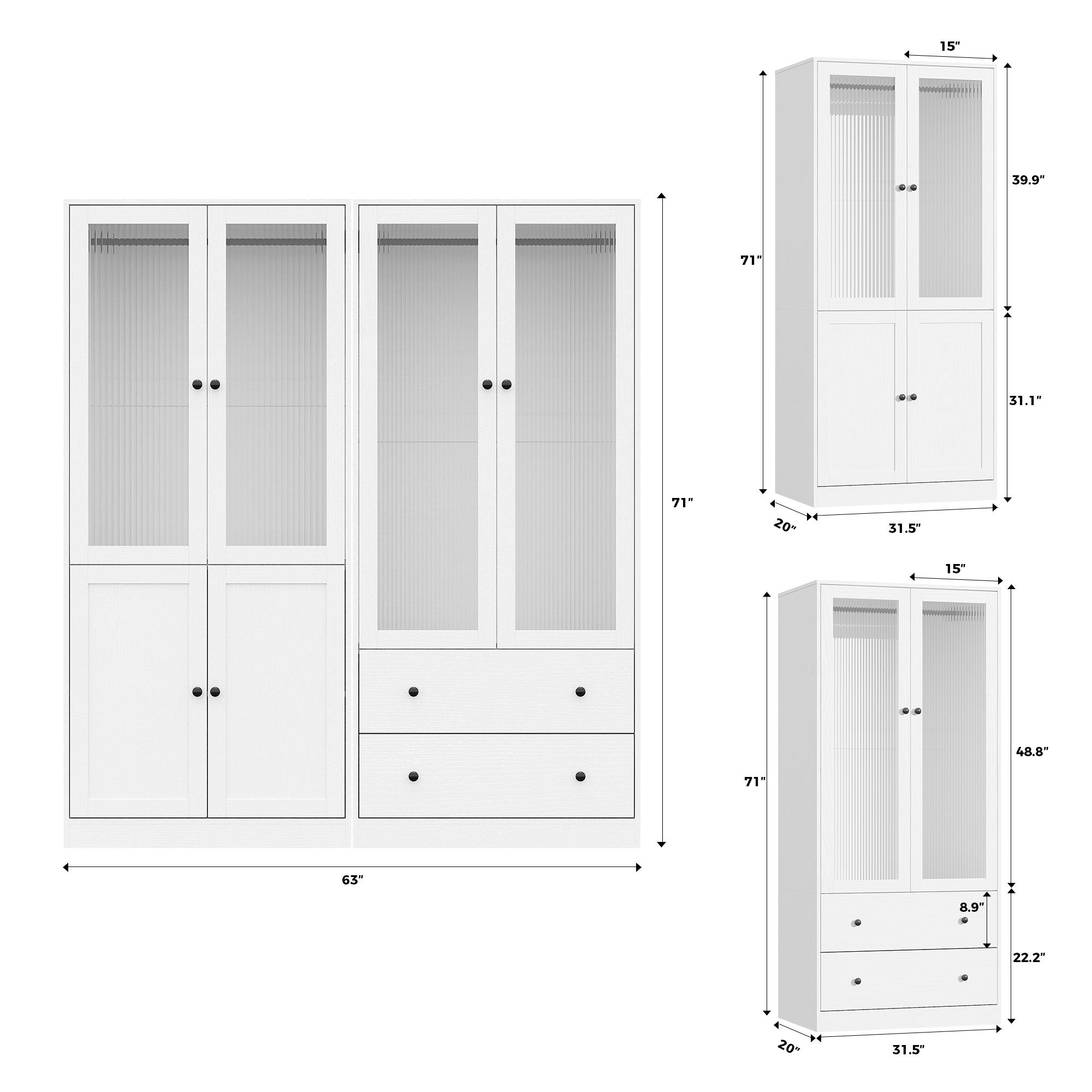 【2 Packages Delivery】VOWNER 71'' White Wardrobe Closet with Fluted Glass Door, 2 Drawer & Shelf, Wood Armoire Storage Cabinet for Bedroom