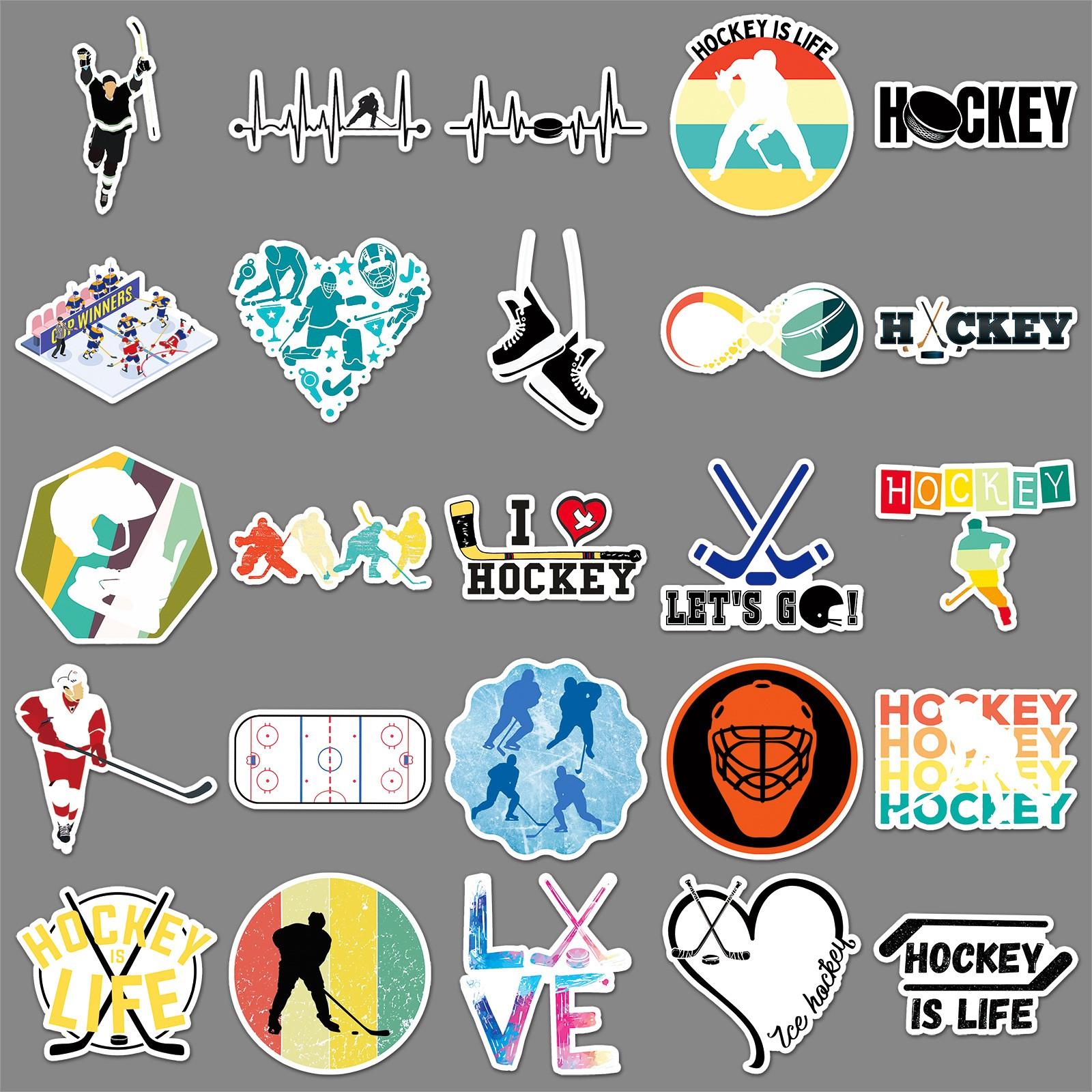 50pcs Hockey Stickers, Sports Themed Vinyl Decals, Waterproof Stickers for Water Bottle Laptop Skateboard Luggage, Hockey Player Stickers Pack for Teens Boys Sports Fans