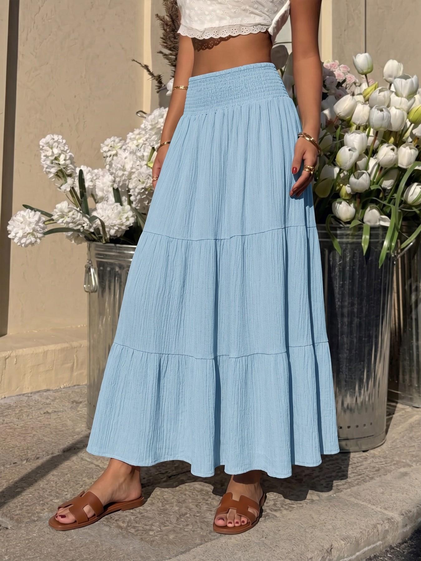 Elastic High-Waisted Casual Drawstring Midi Skirt for Women, Summer Fashion, Comfortable and Stylish, Perfect for Daily Wear, Everyday