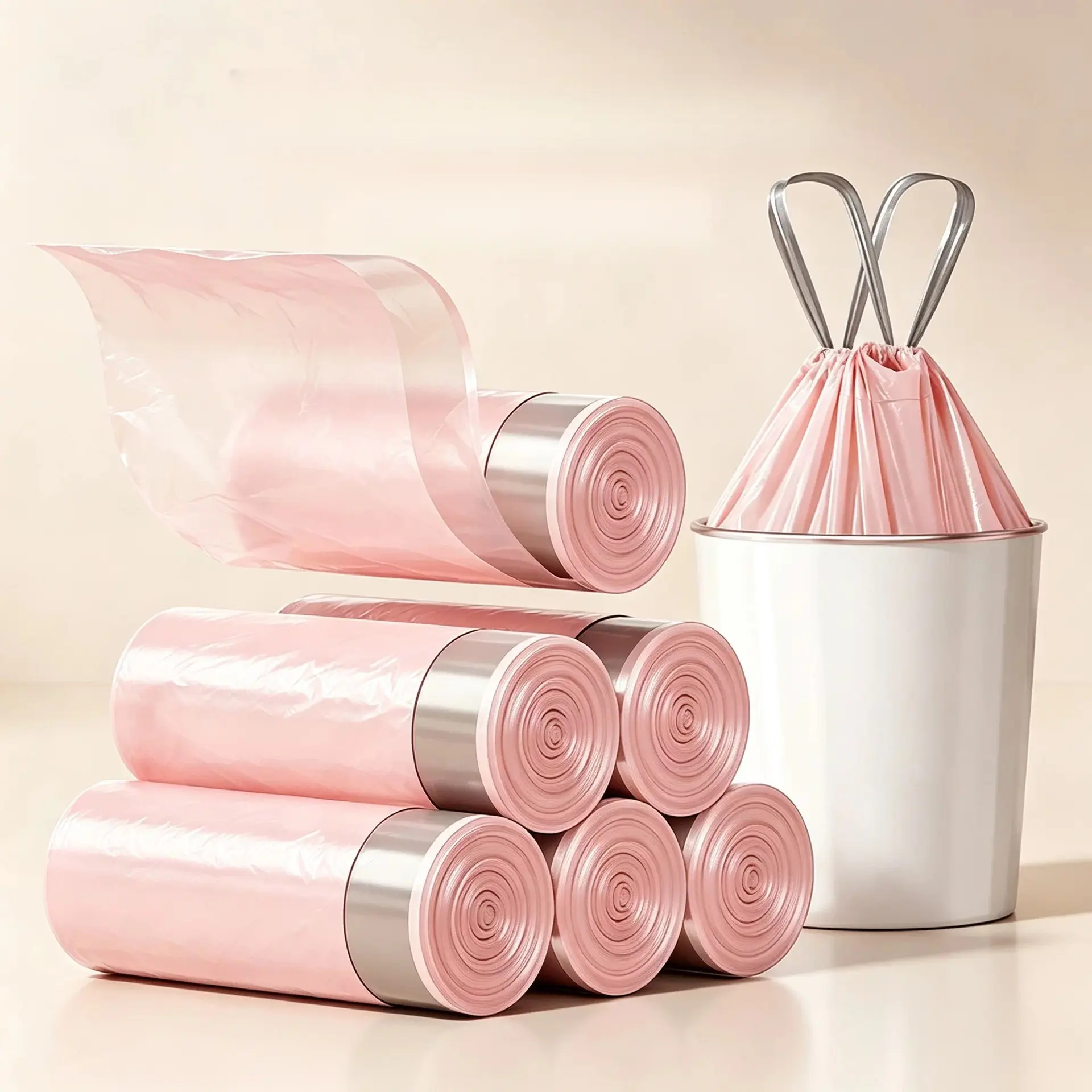 Pink Drawstring Plastic Bags, Heavy-Duty Leak-Proof Tear-Resistant Cinch-Tie Option for Home, Kitchen Waste Disposal
