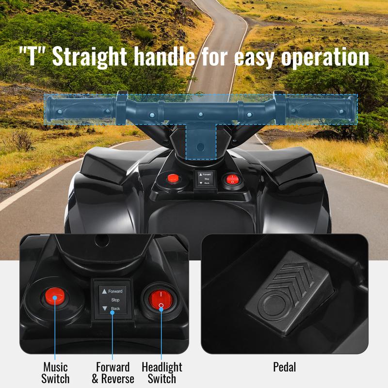 6V electric four-wheeler, kids ride-on toy with music, headlight, pedal accelerator, non-slip tires, indoor and outdoor playroom for boys and girls