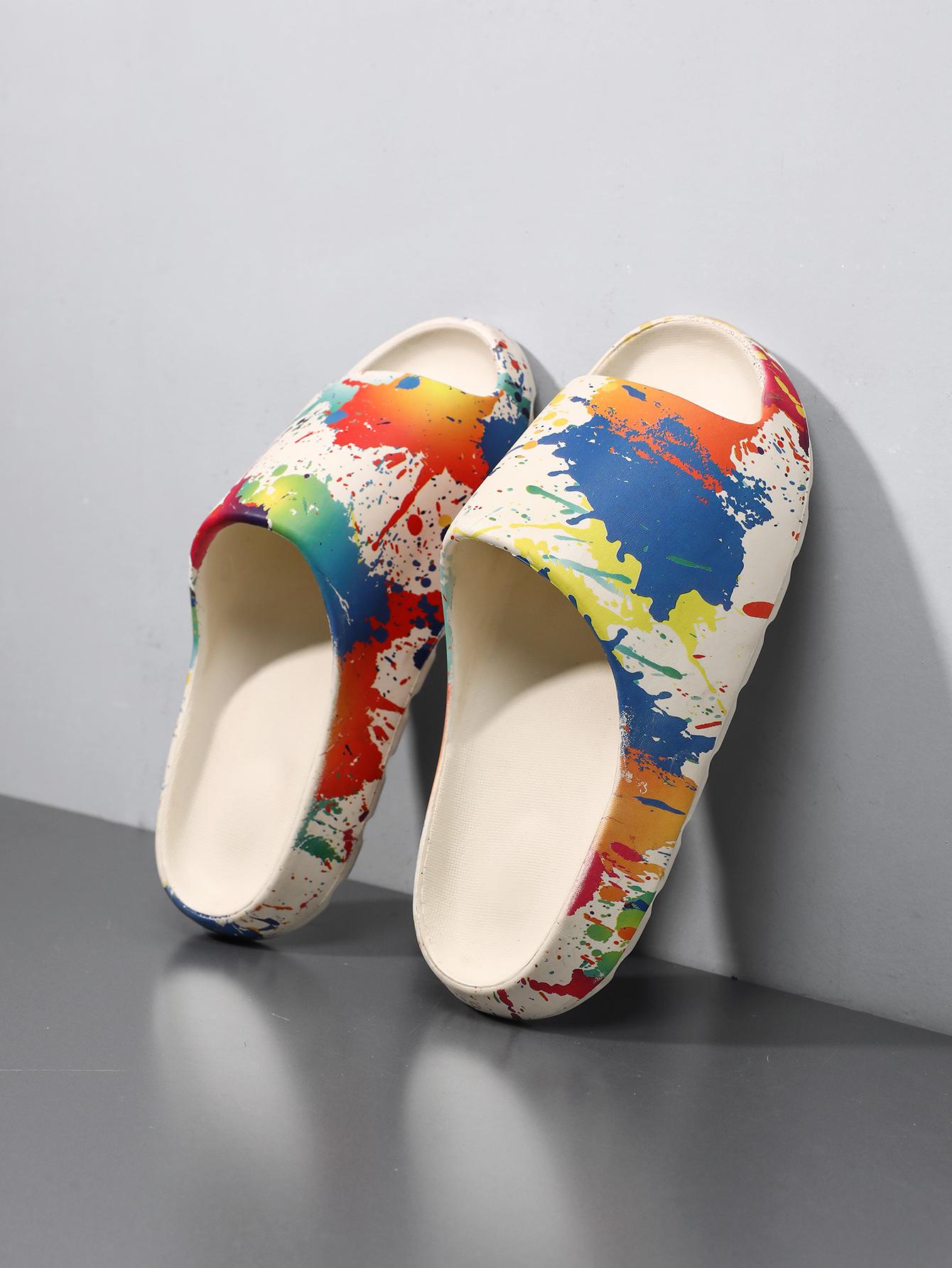 Unisex Splash-Ink Color Slides: Thick Anti-Slip Sole, Summer Outdoor Beach Slippers