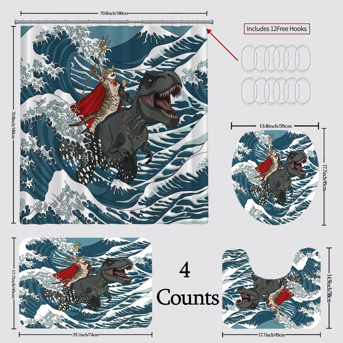 Funny Cat Dinosaur Shower Curtain, Ukiyo-e Japanese Wave with Super Cat Riding Tyrannosaurus, 72" x 72" Durable Mildew Resistant Bath Curtain Set